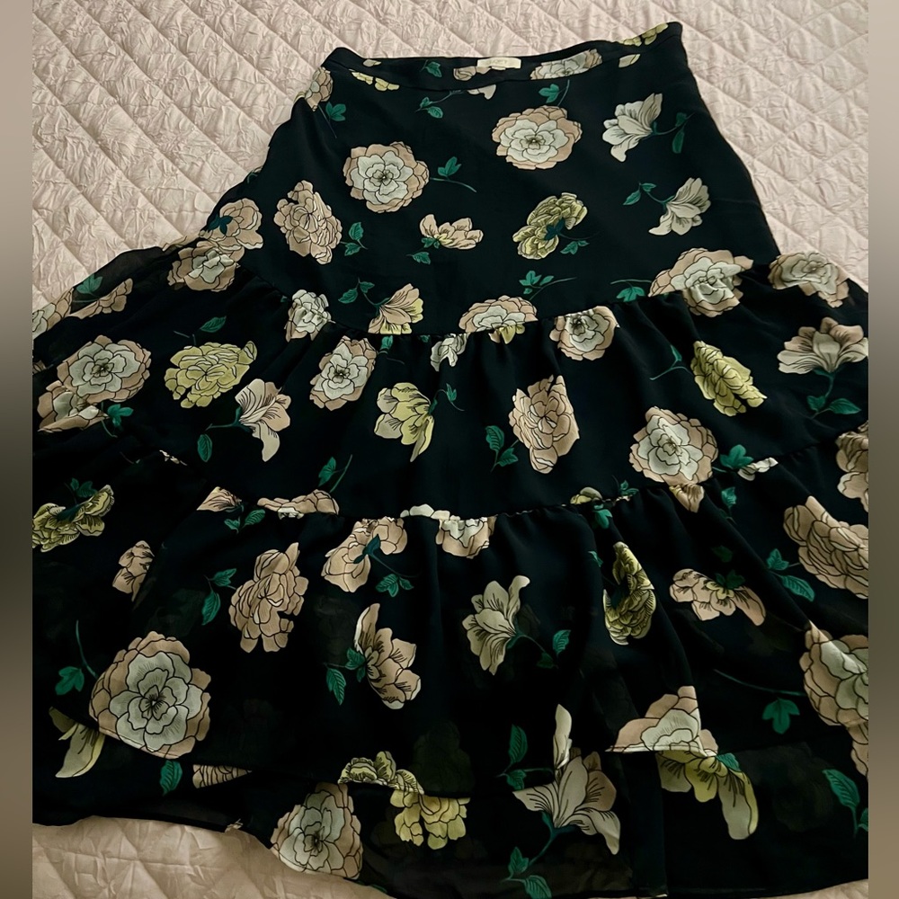 LOFT Navy Floral Tiered Midi Skirt with Pink and Cream Blooms, Size 12